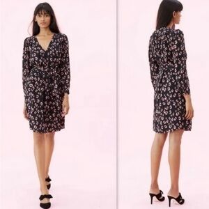 Rebecca Taylor Dress Black Animal Print 6 Long Sleeve Sheer Knee Length V-neck